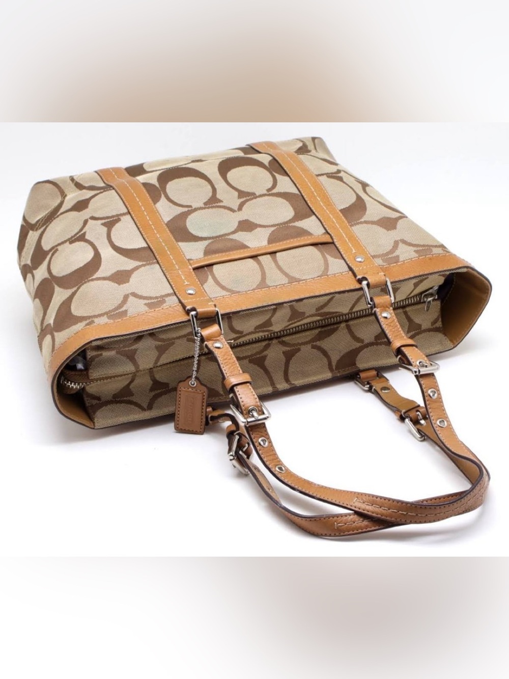 Coach Signature Jacquard khaki leather trim shoulder Vintage bag - Picture 5 of 9